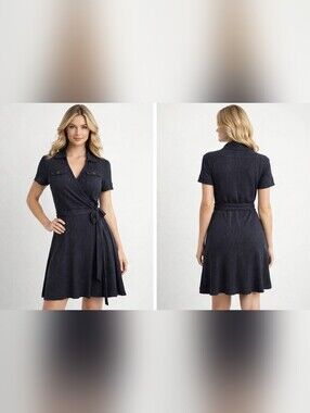 Banana Republic Black Short-Sleeve Wrap Dress Tie Belt Stretch Rayon Small